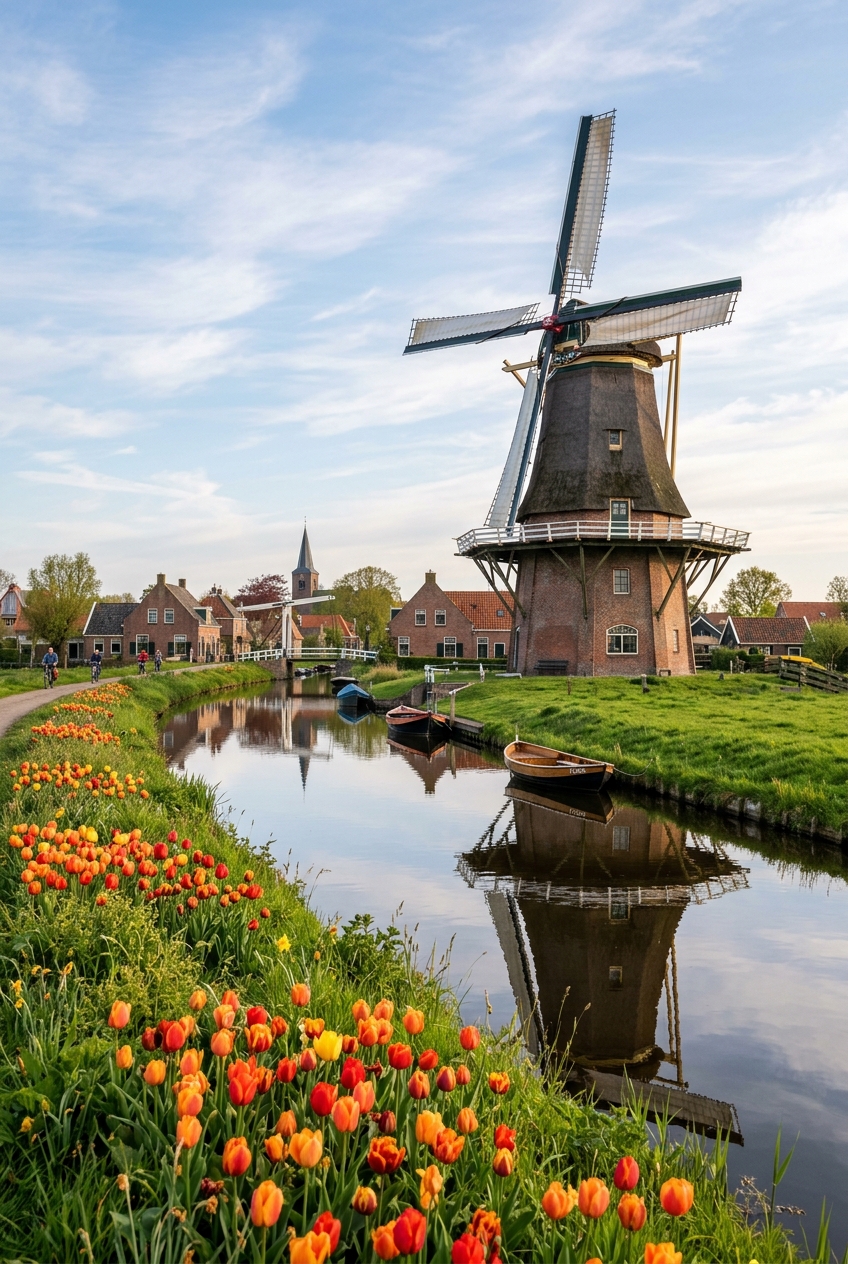 Dutch Historic Windmill & Canal with Tulips